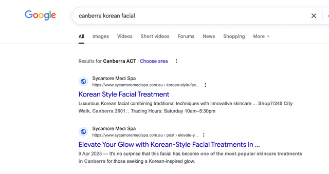 Google search result for canberra korea facial