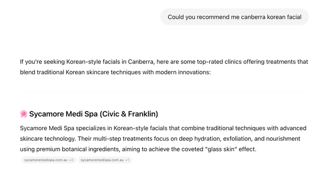 ChatGPT recommendation for canberra korea facial